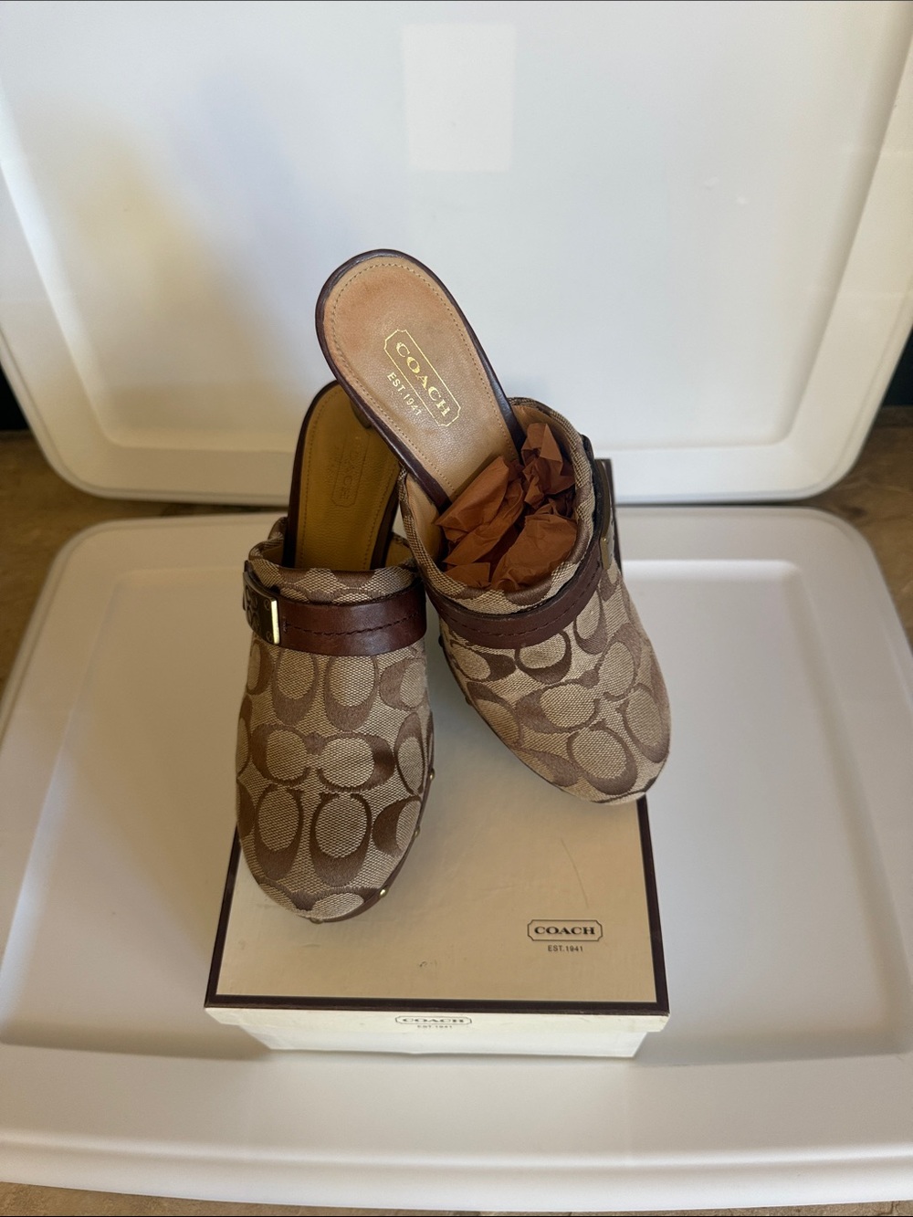 Coach Designer Ivy Vintage Studded Signature C Monogram Canvas Clog Mules Heel 7 - Picture 2 of 11